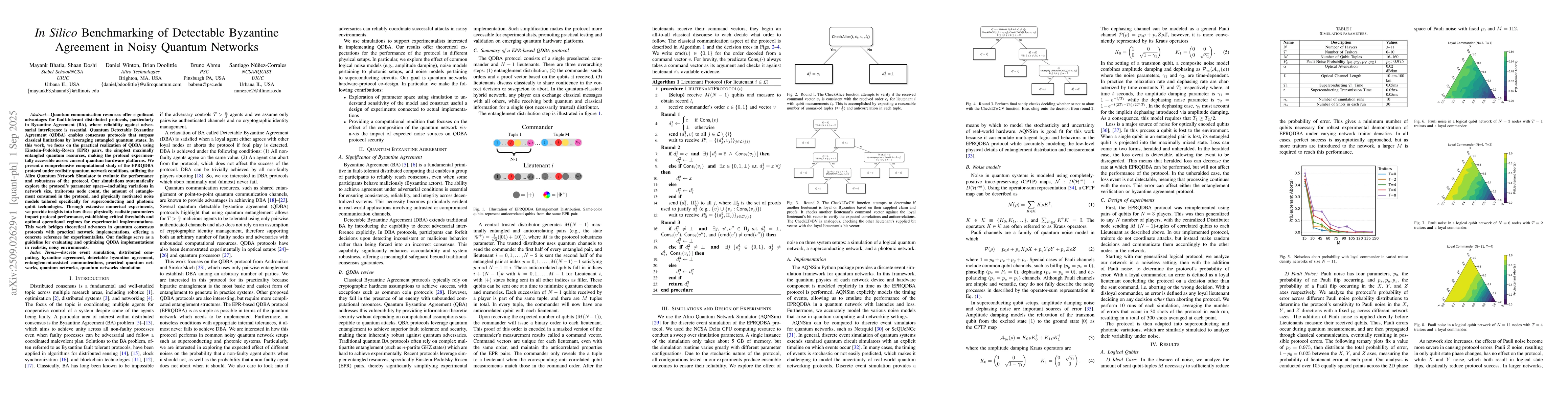 Thumbnail for \textit{In Silico} Benchmarking of Detectable Byzantine Agreement in
  Noisy Quantum Networks
