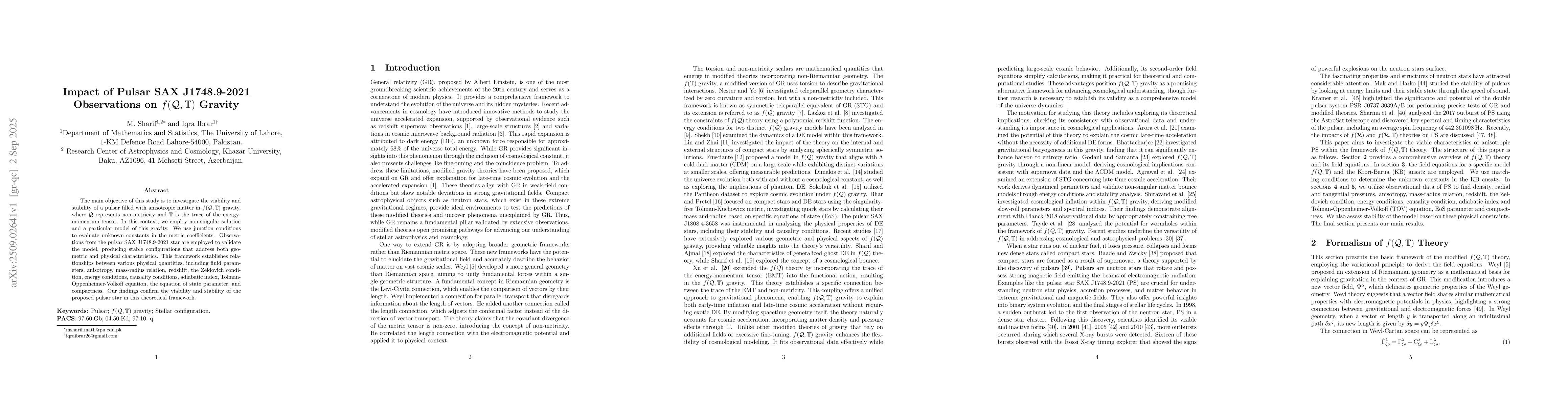 Thumbnail for Impact of Pulsar SAX J1748.9-2021 Observations on $f(\mathcal{Q},
  \mathbb{T})$ Gravity