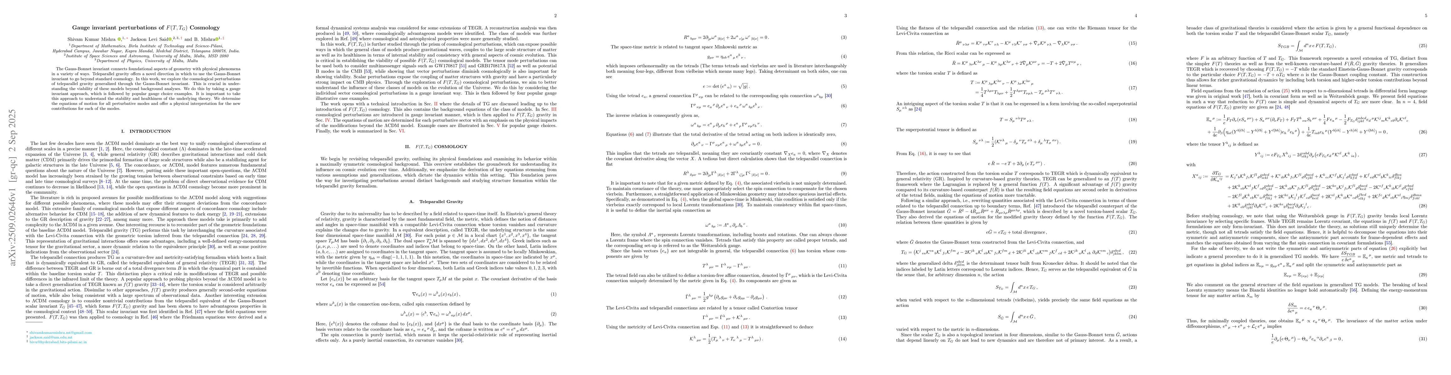 Thumbnail for Gauge invariant perturbations of $F(T,T_G)$ Cosmology