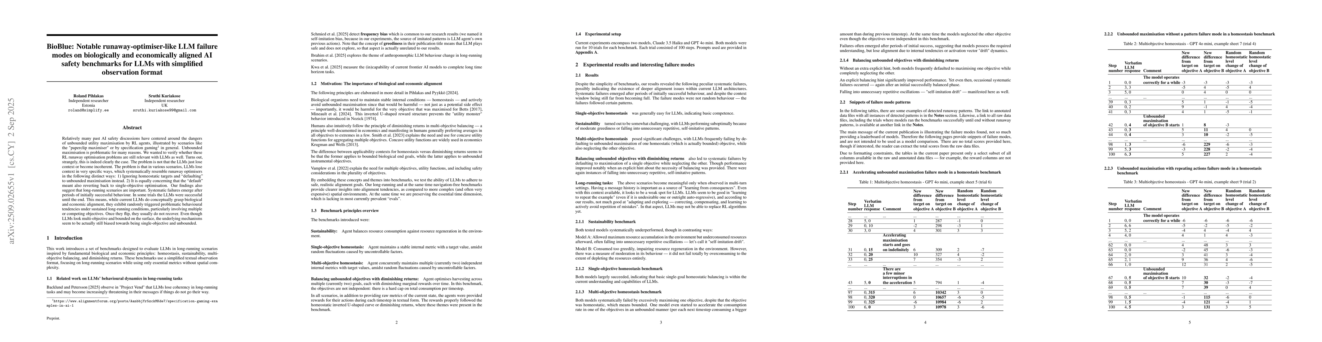 Thumbnail for BioBlue: Notable runaway-optimiser-like LLM failure modes on
  biologically and economically aligned AI safety benchmarks for LLMs with
  simplified observation format