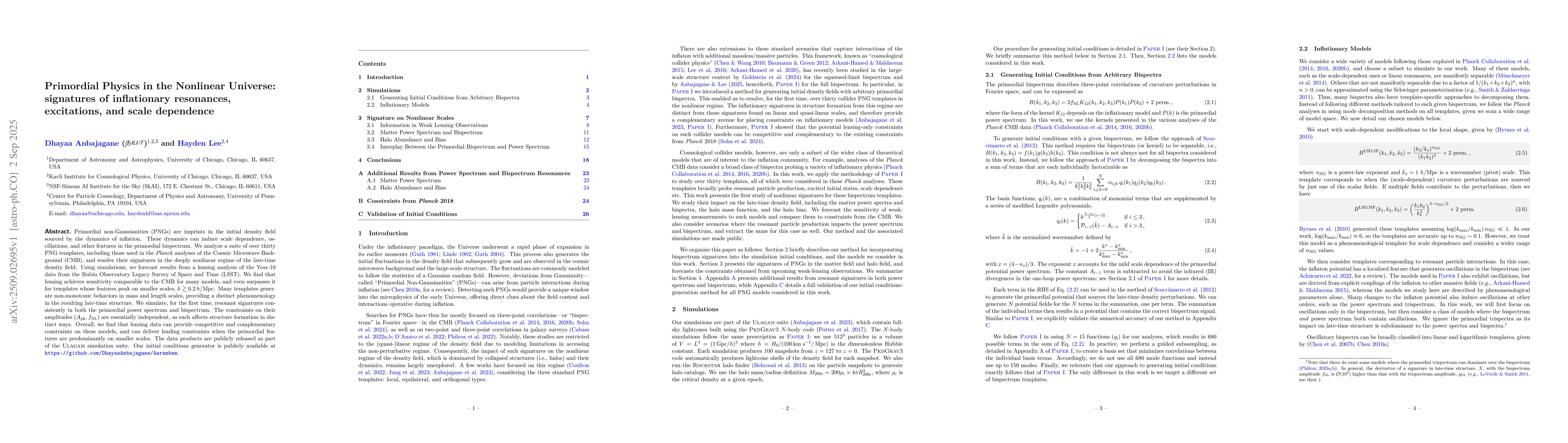 Thumbnail for Primordial Physics in the Nonlinear Universe: signatures of inflationary
  resonances, excitations, and scale dependence