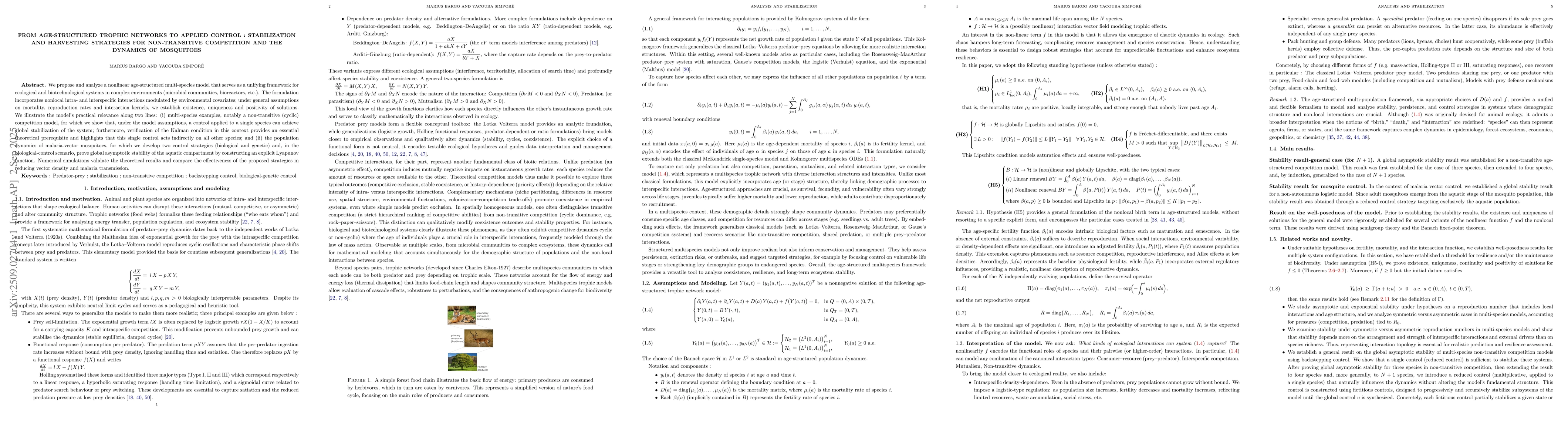 Thumbnail for From Age-Structured Trophic Networks to Applied Control : Stabilization
  and Harvesting Strategies for Non-Transitive Competition and the Dynamics of
  Mosquitoes