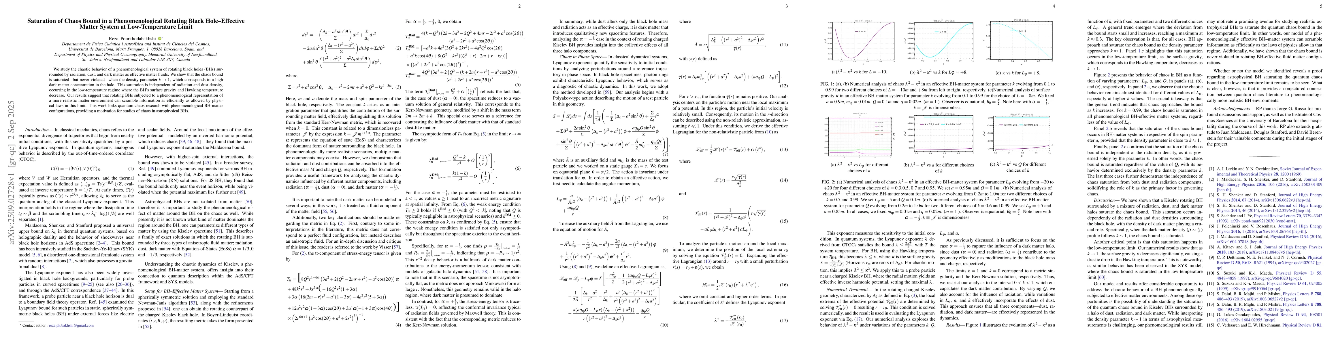 Thumbnail for Saturation of Chaos Bound in a Phenomenological Rotating Black
  Hole--Effective Matter System at Low-Temperature Limit