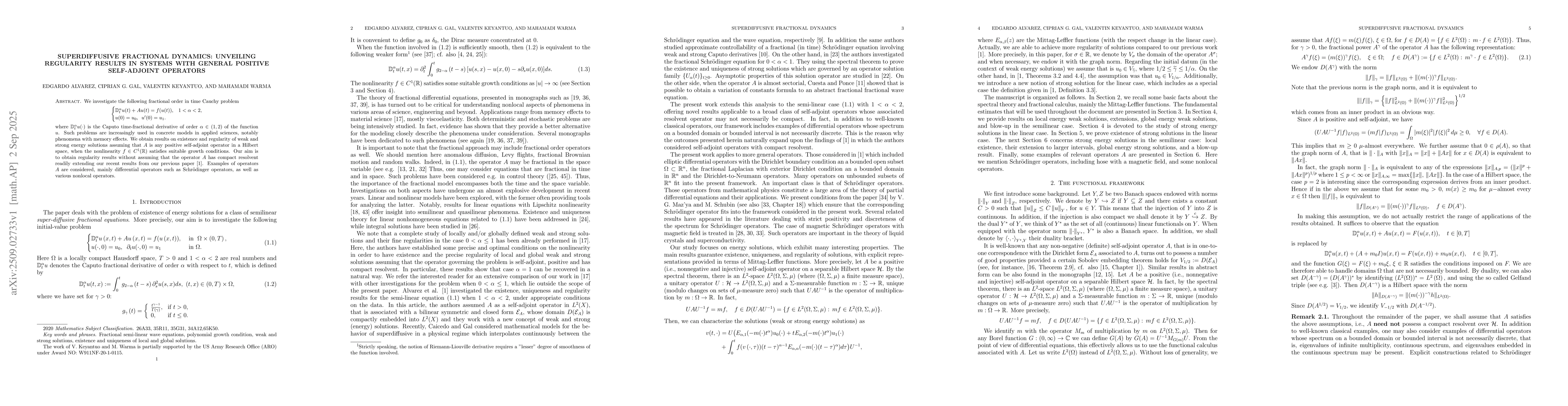 Thumbnail for Superdiffusive fractional dynamics: Unveiling regularity results in
  systems with general positive self-adjoint operators