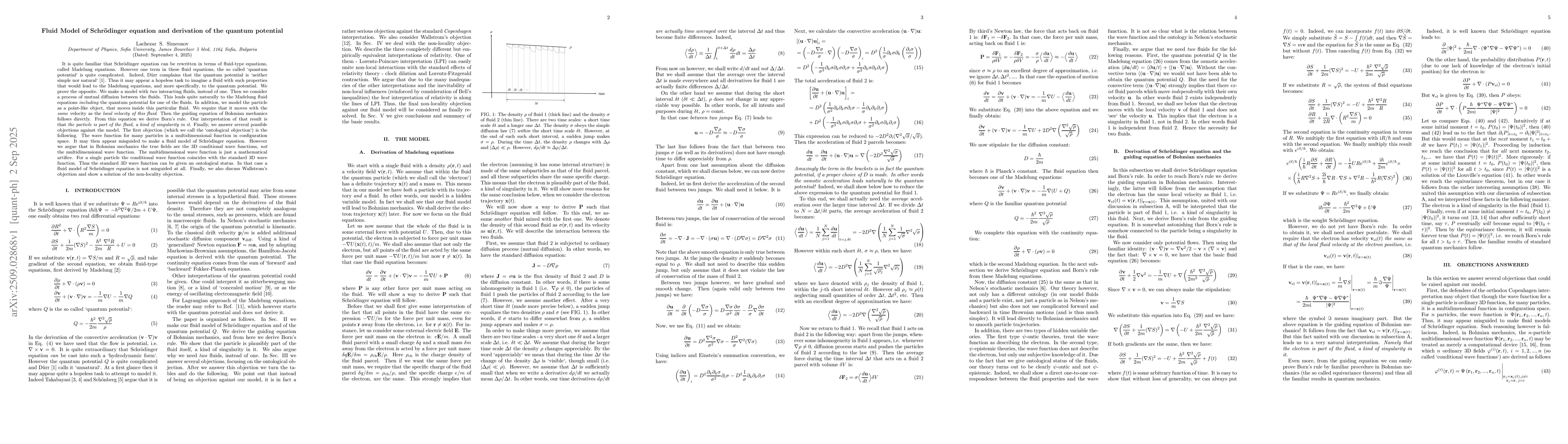 Thumbnail for Fluid Model of Schrodinger equation and derivation of the quantum
  potential