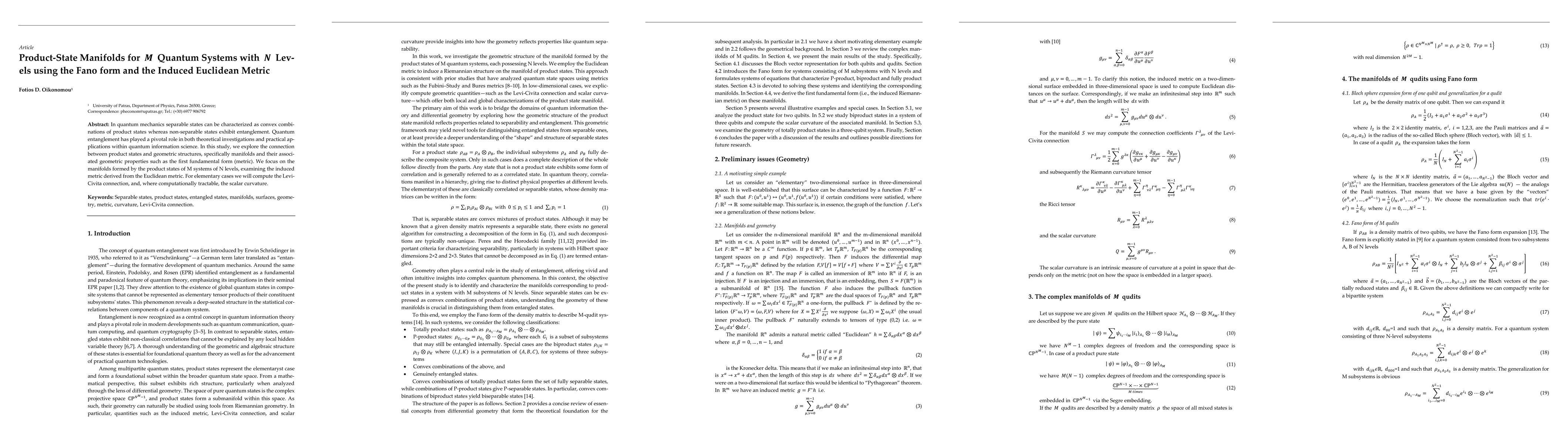 Thumbnail for Product-State Manifolds for M Quantum Systems with N Levels using the
  Fano form and the Induced Euclidean Metric
