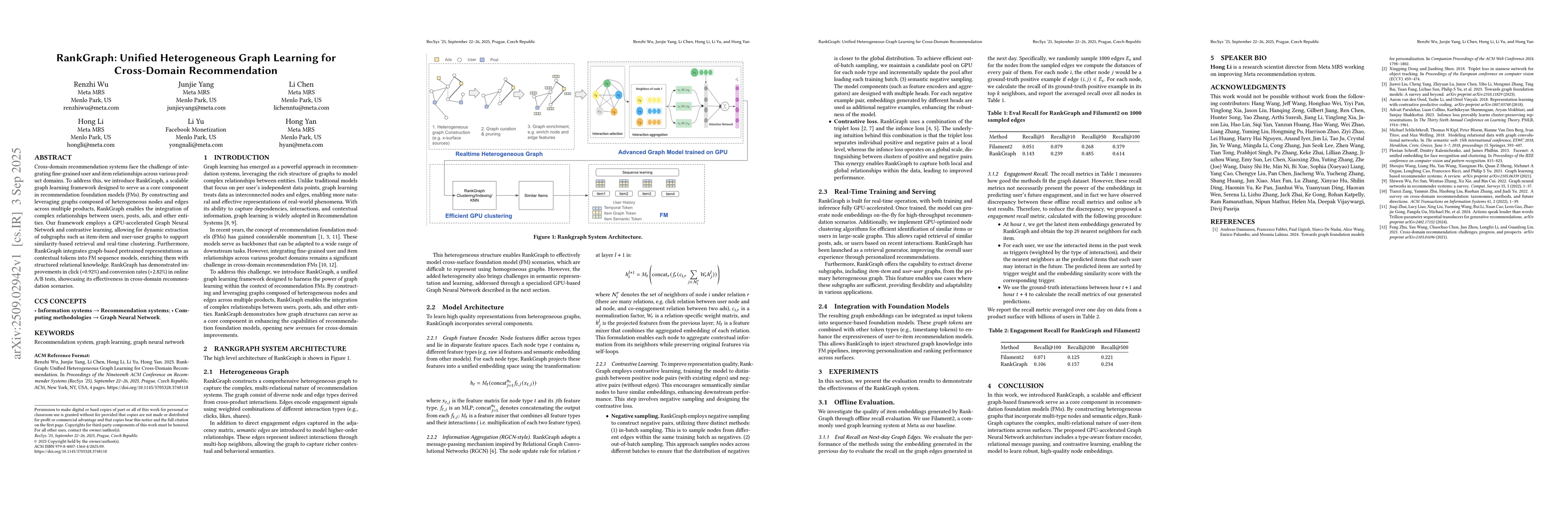 Thumbnail for RankGraph: Unified Heterogeneous Graph Learning for Cross-Domain
  Recommendation
