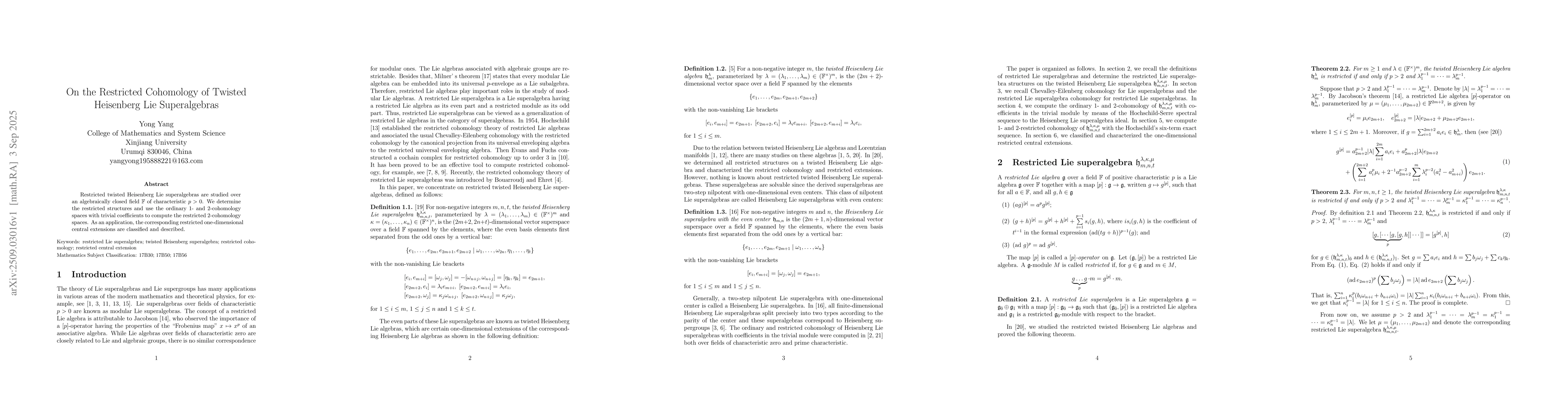 Thumbnail for On the Restricted Cohomology of Twisted Heisenberg Lie Superalgebras