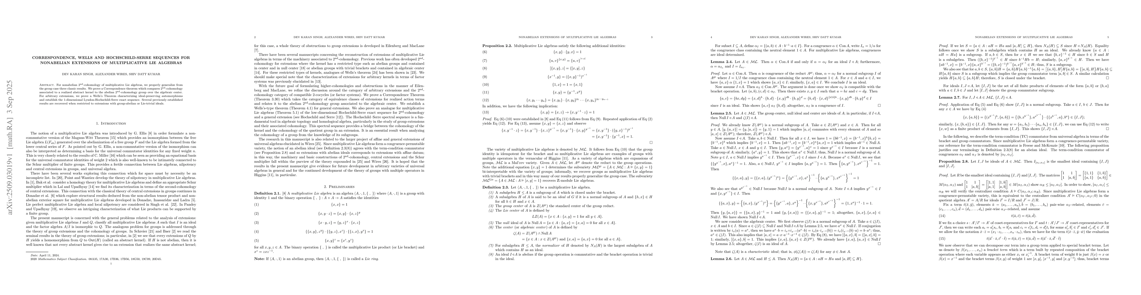 Thumbnail for Correspondence, Wells and Hochschild-Serre sequences for nonabelian
  extensions of multiplicative Lie algebras