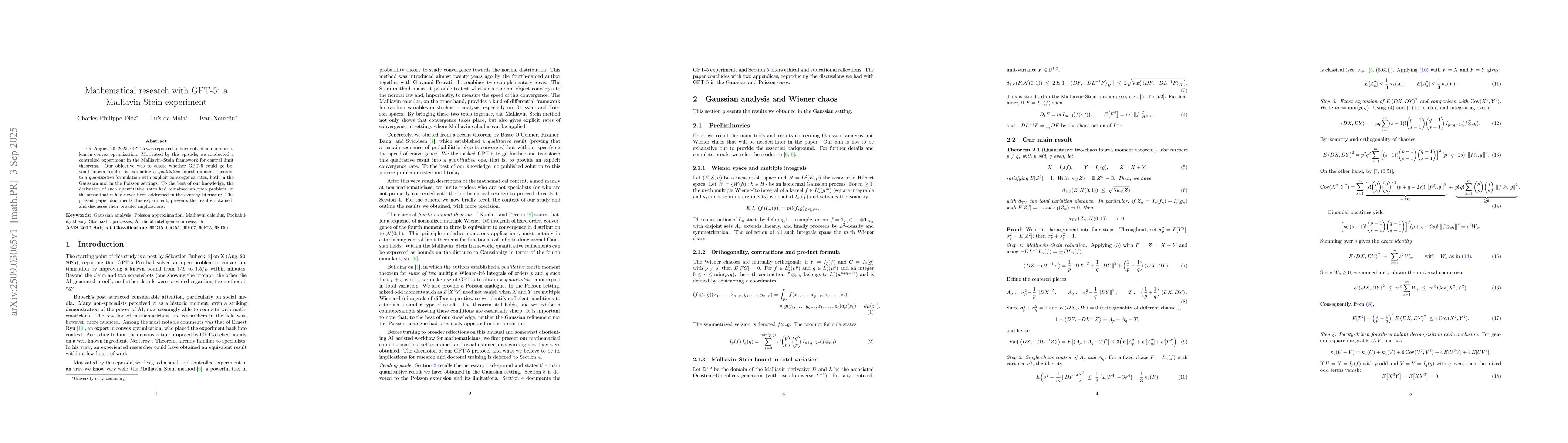 Thumbnail for Mathematical research with GPT-5: a Malliavin-Stein experiment