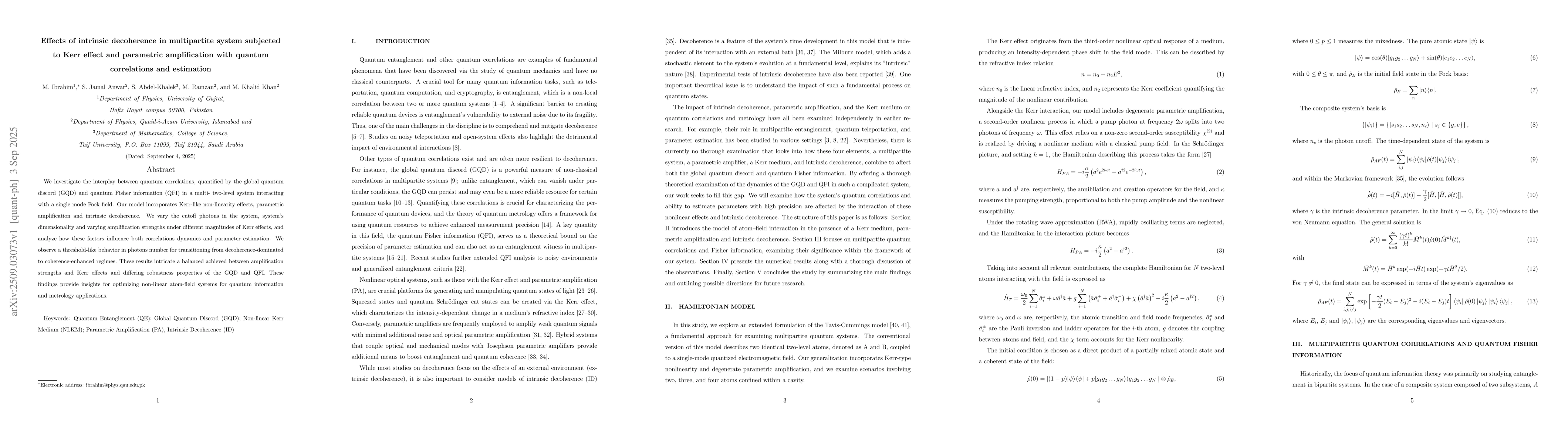 Thumbnail for Effects of intrinsic decoherence in multipartite system subjected to
  Kerr effect and parametric amplification with quantum correlations and
  estimation