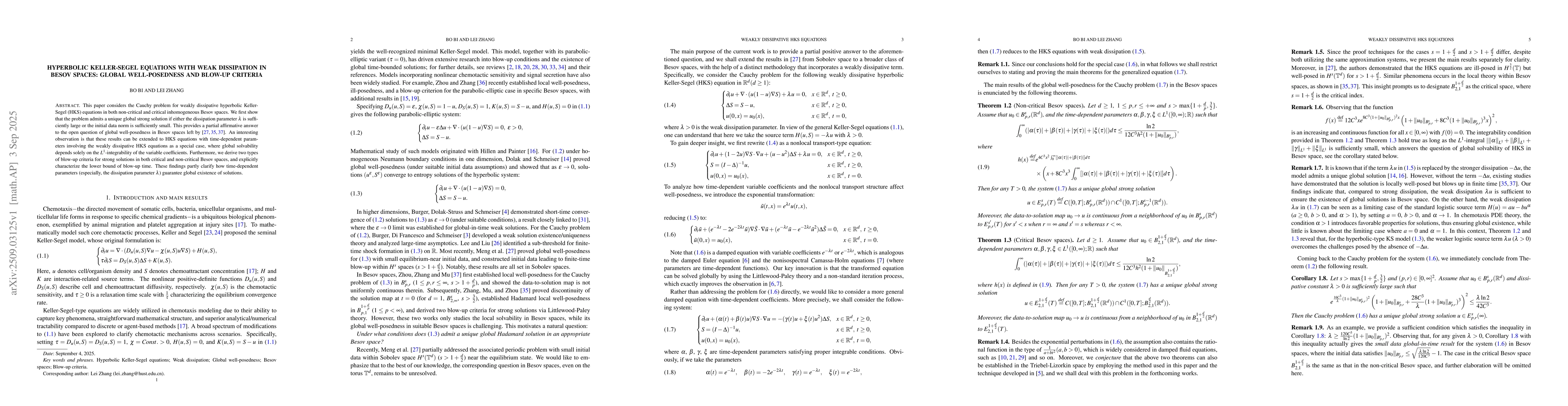 Thumbnail for Hyperbolic Keller-Segel equations with weak dissipation in Besov spaces:
  Global well-posedness and blow-up criteria