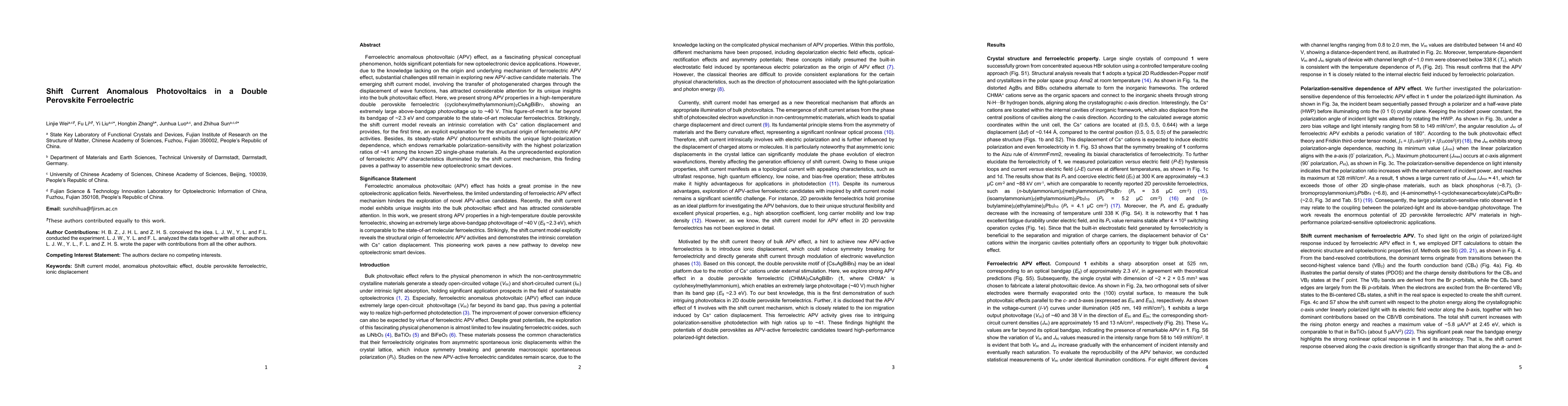 Thumbnail for Shift Current Anomalous Photovoltaics in a Double Perovskite
  Ferroelectric