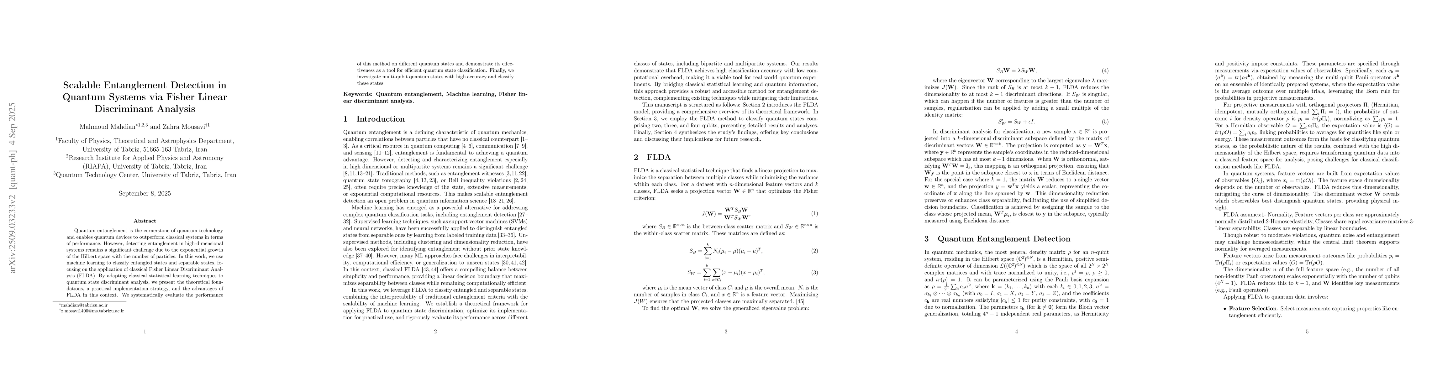 Thumbnail for Scalable Entanglement Detection in Quantum Systems via Fisher Linear
  Discriminant Analysis