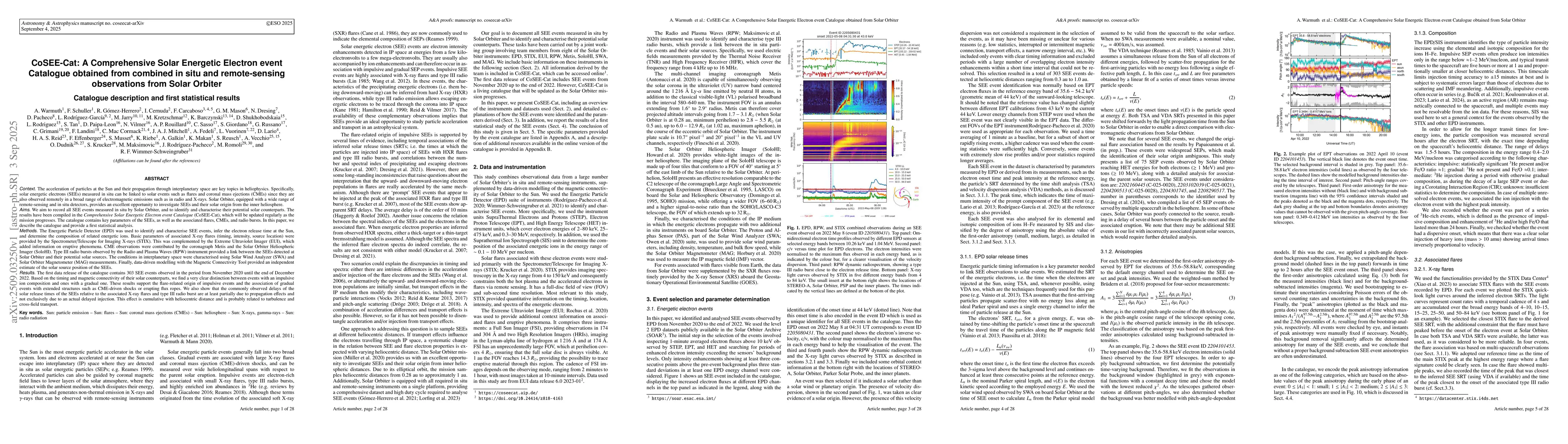 Thumbnail for CoSEE-Cat: A Comprehensive Solar Energetic Electron event Catalogue
  obtained from combined in situ and remote-sensing observations from Solar
  Orbiter -- Catalogue description and first statistical results
