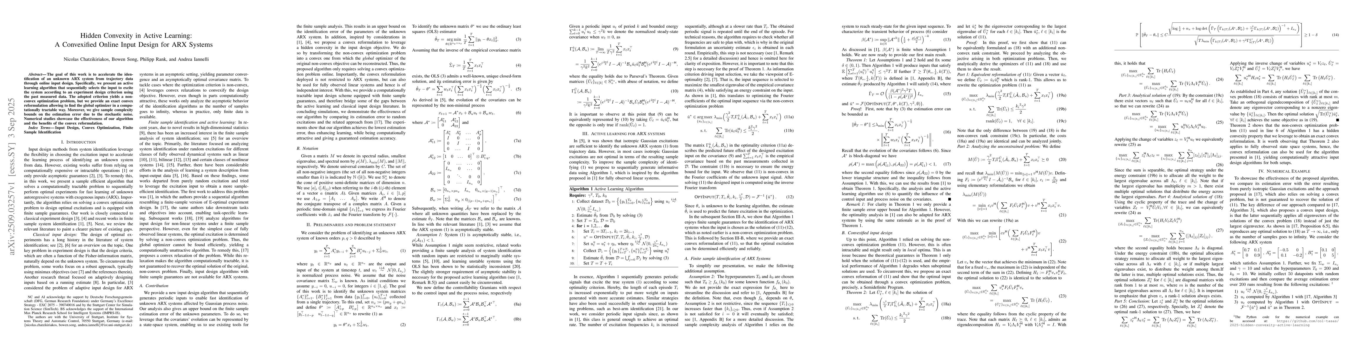 Thumbnail for Hidden Convexity in Active Learning: A Convexified Online Input Design
  for ARX Systems