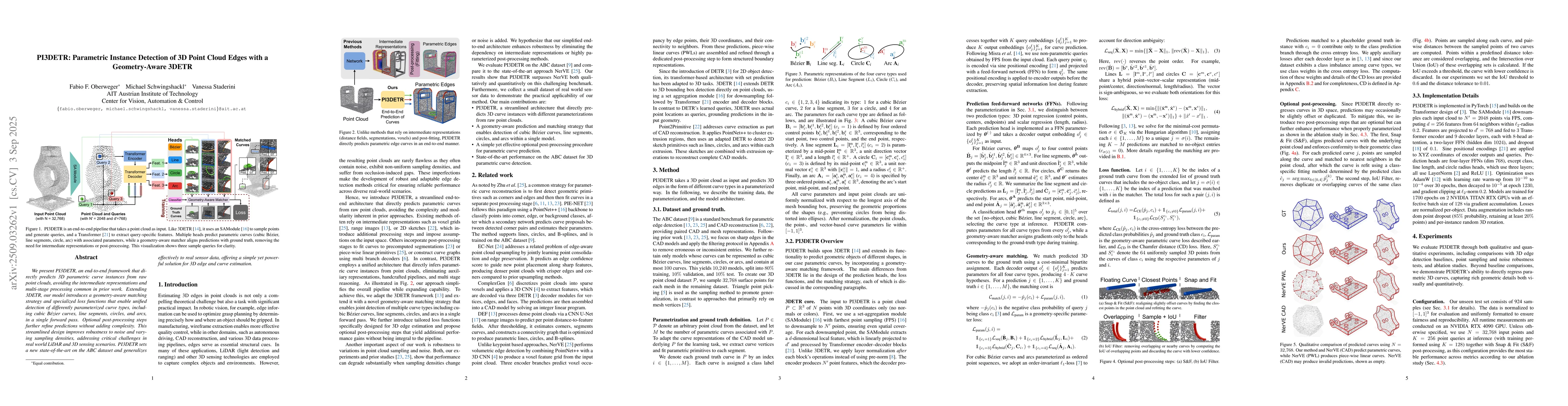 Thumbnail for PI3DETR: Parametric Instance Detection of 3D Point Cloud Edges with a
  Geometry-Aware 3DETR