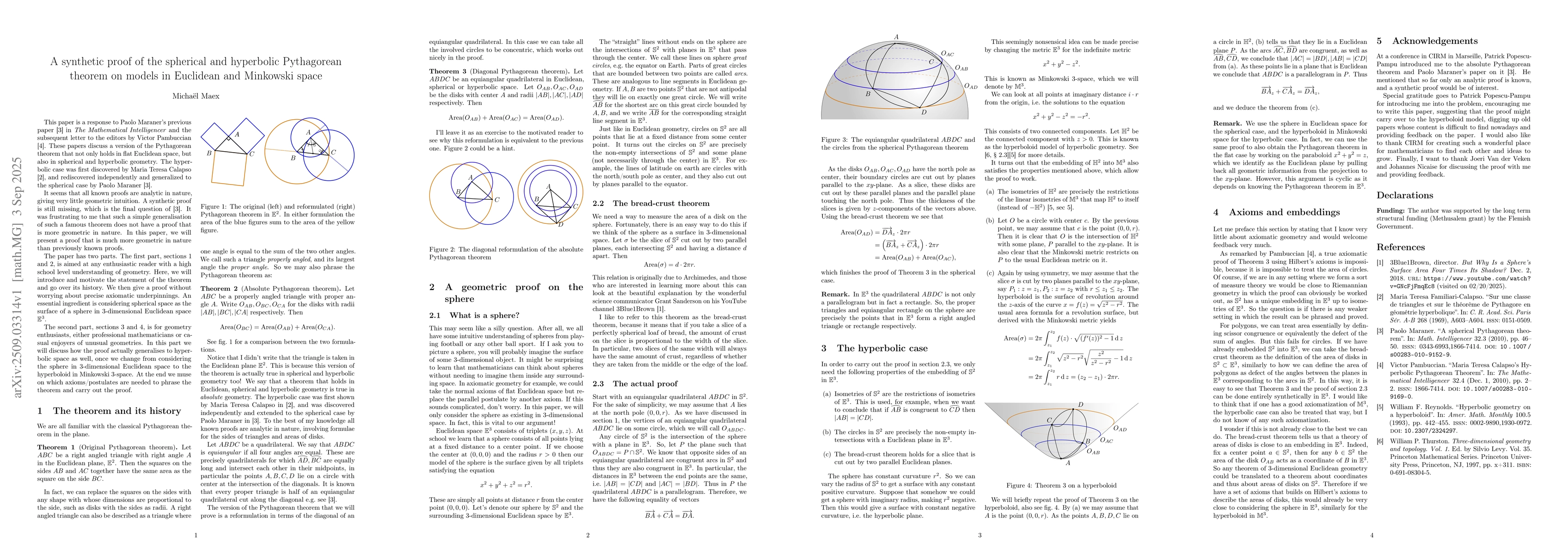 Thumbnail for A synthetic proof of the spherical and hyperbolic Pythagorean theorem on
  models in Euclidean and Minkowski space