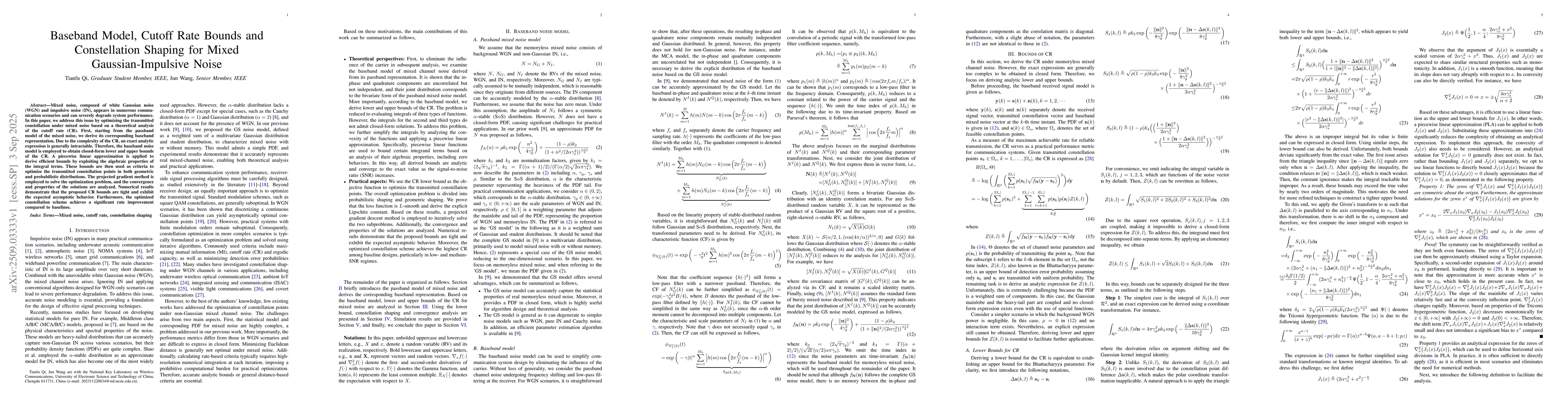 Thumbnail for Baseband Model, Cutoff Rate Bounds and Constellation Shaping for Mixed
  Gaussian-Impulsive Noise