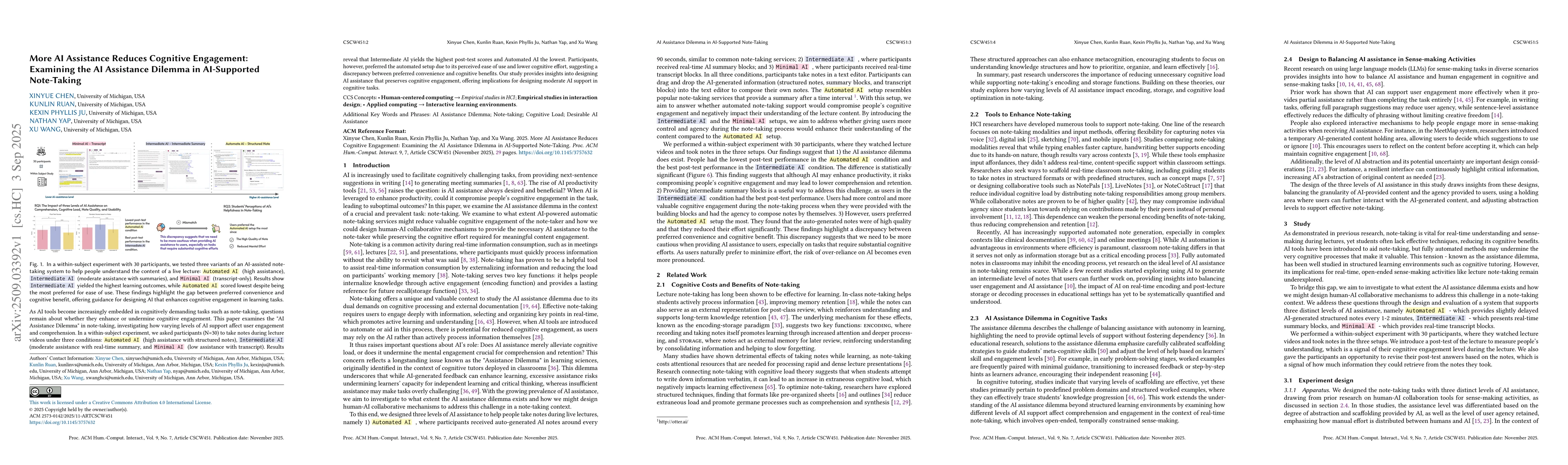 Thumbnail for More AI Assistance Reduces Cognitive Engagement: Examining the AI
  Assistance Dilemma in AI-Supported Note-Taking