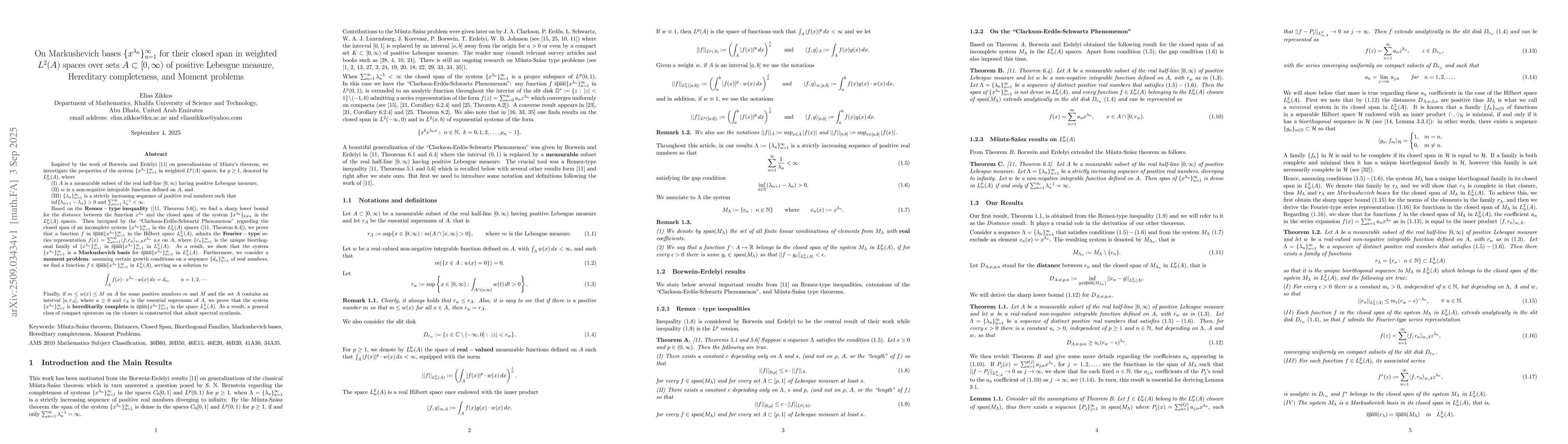 Thumbnail for On Markushevich bases $\{x^{λ_n}\}_{n=1}^{\infty}$ for their
  closed span in weighted $L^2 (A)$ spaces over sets $A\subset [0,\infty)$ of
  positive Lebesgue measure, hereditary completeness, and moment problems