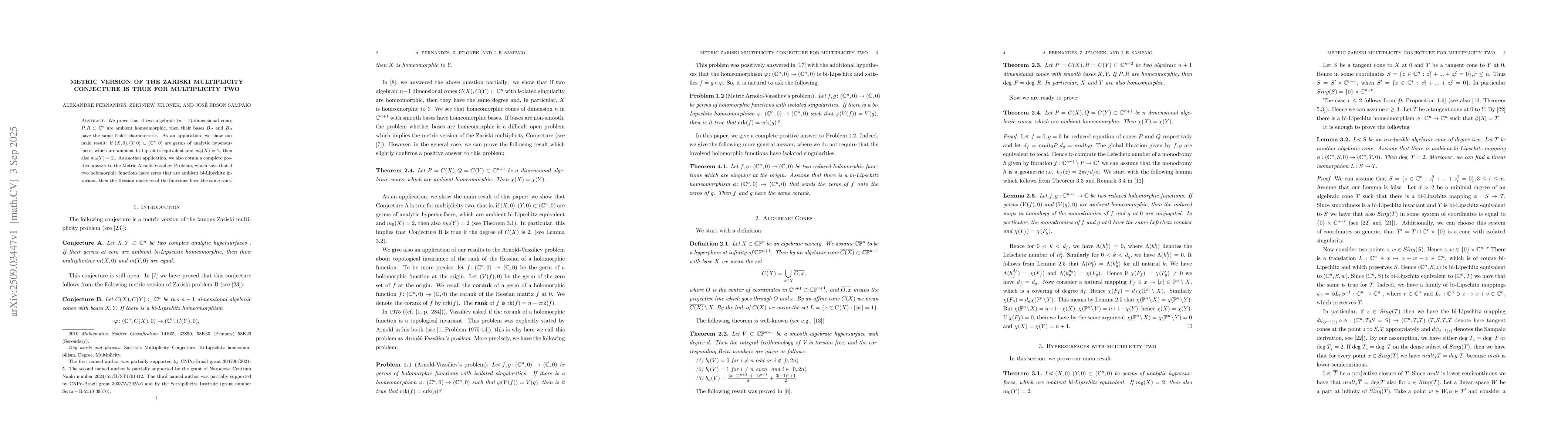 Thumbnail for Metric version of the Zariski Multiplicity Conjecture is true for
  multiplicity two