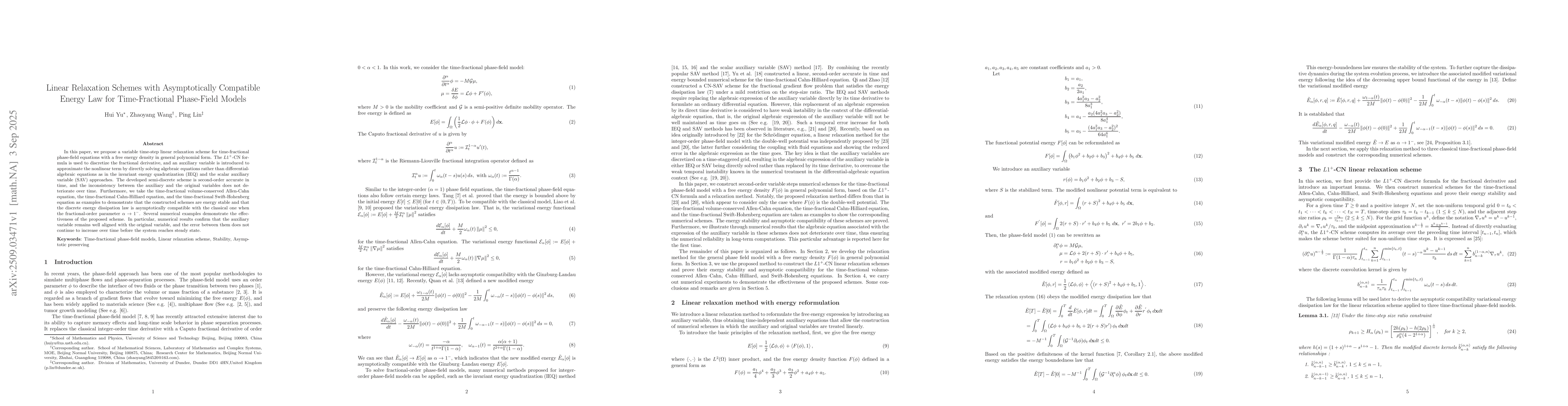 Thumbnail for Linear Relaxation Schemes with Asymptotically Compatible Energy Law for
  Time-Fractional Phase-Field Models