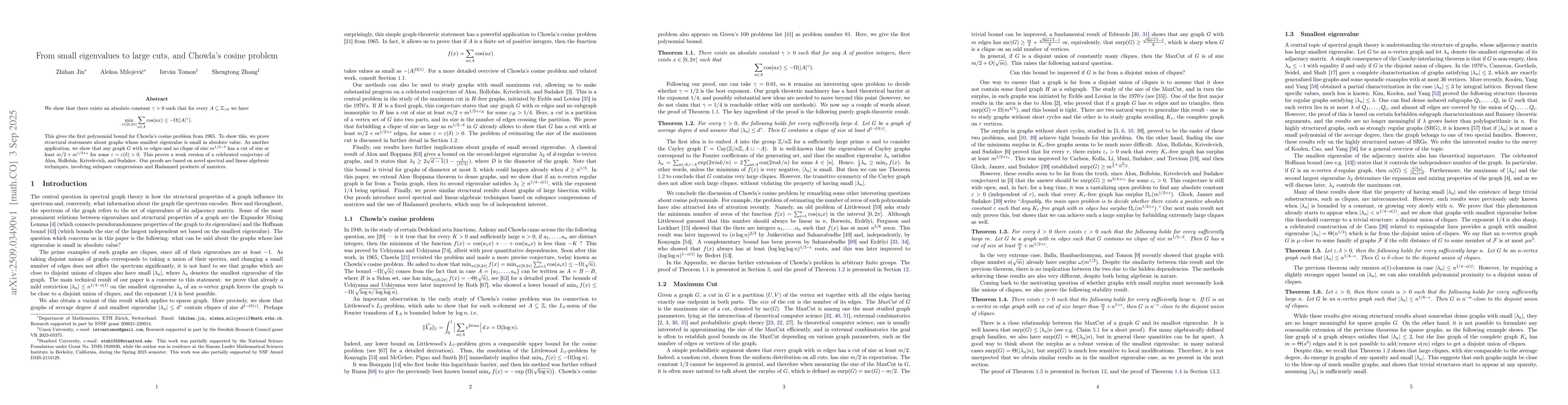 Thumbnail for From small eigenvalues to large cuts, and Chowla's cosine problem