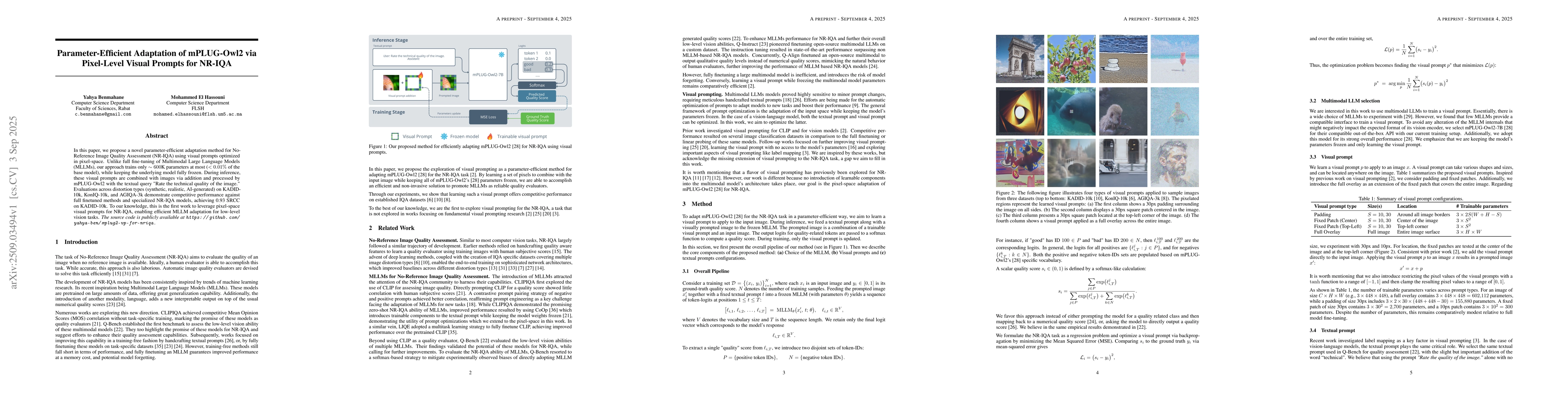 Thumbnail for Parameter-Efficient Adaptation of mPLUG-Owl2 via Pixel-Level Visual
  Prompts for NR-IQA