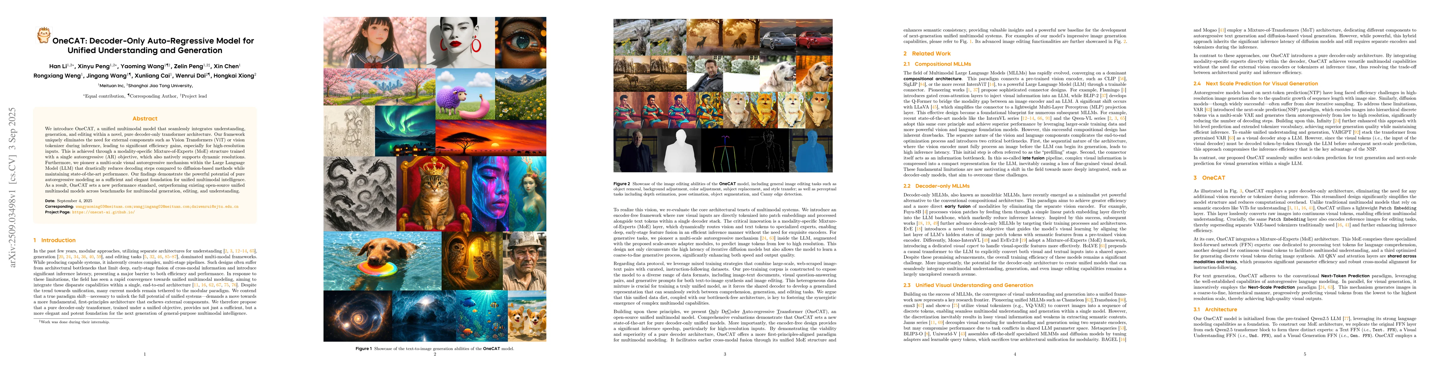 Thumbnail for OneCAT: Decoder-Only Auto-Regressive Model for Unified Understanding and
  Generation