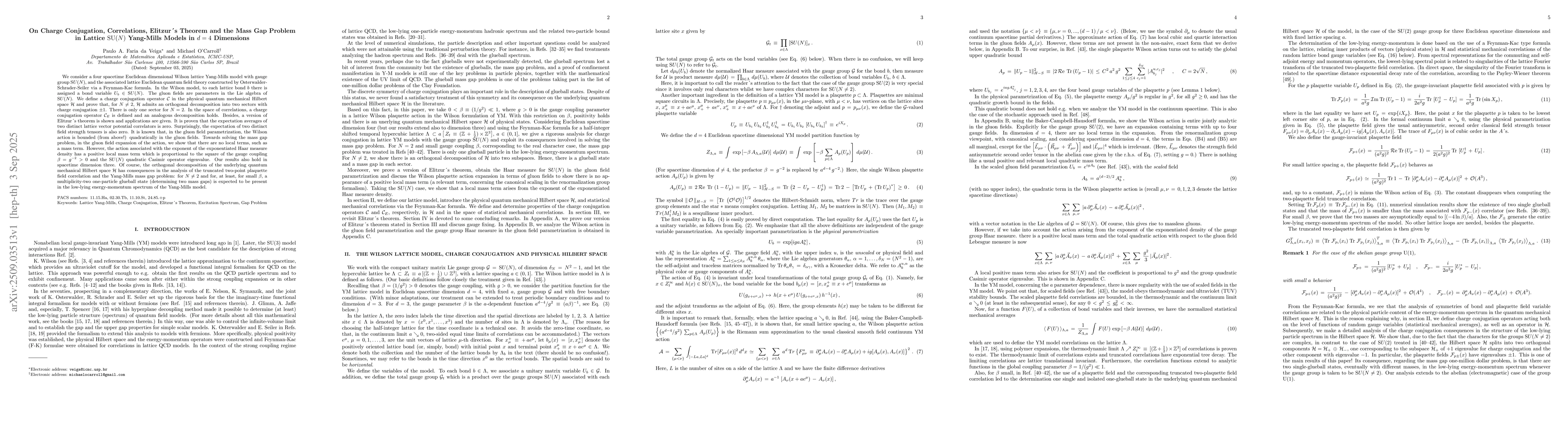 Thumbnail for On Charge Conjugation, Correlations, Elitzur's Theorem and the Mass Gap
  Problem in Lattice $SU(N)$ Yang-Mills Models in $d=4$ Dimensions