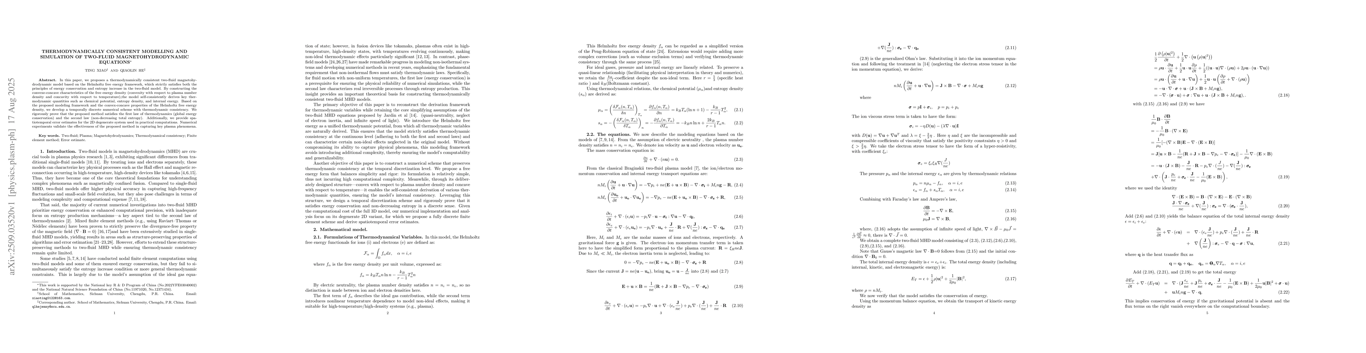 Thumbnail for Thermodynamically consistent modelling and simulation of two-fluid
  magnetohydrodynamic equations