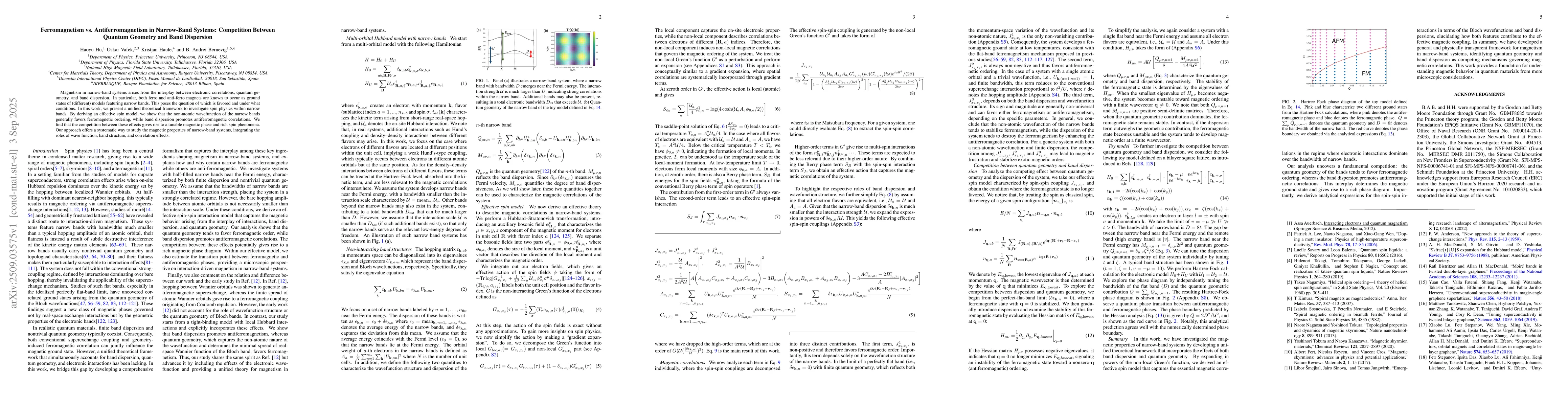 Thumbnail for Ferromagnetism vs. Antiferromagnetism in Narrow-Band Systems:
  Competition Between Quantum Geometry and Band Dispersion