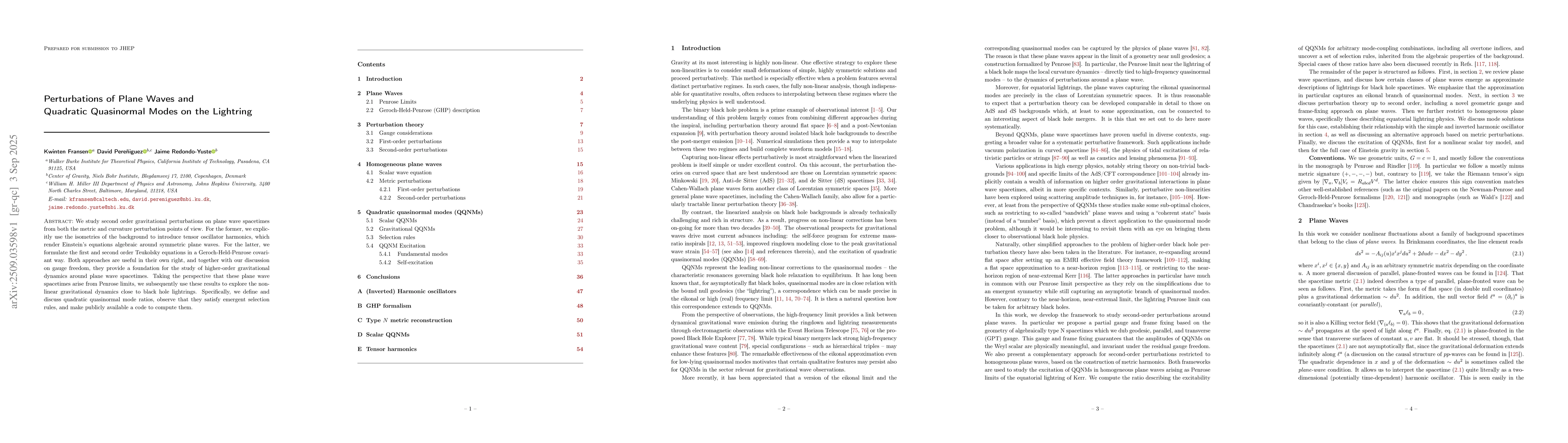 Thumbnail for Perturbations of Plane Waves and Quadratic Quasinormal Modes on the
  Lightring