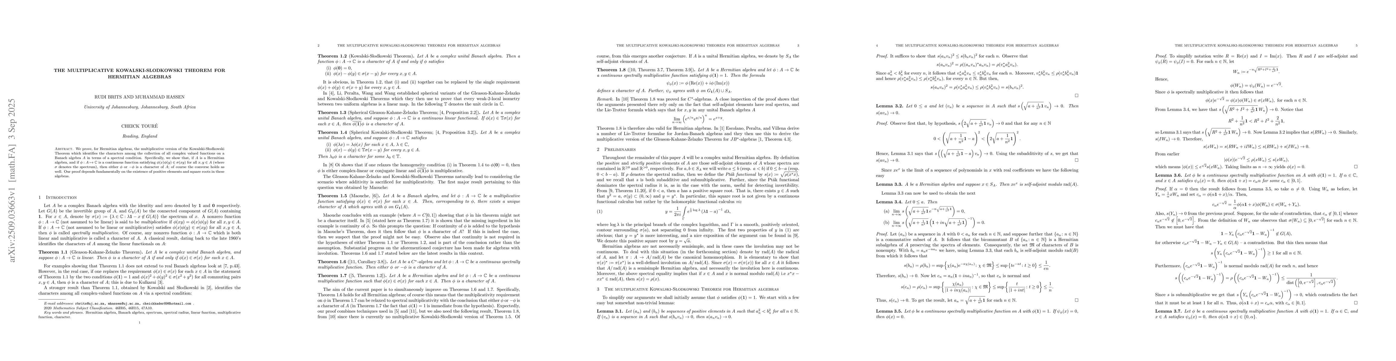 Thumbnail for The Multiplicative Kowalski-Slodkowski Theorem for Hermitian Algebras