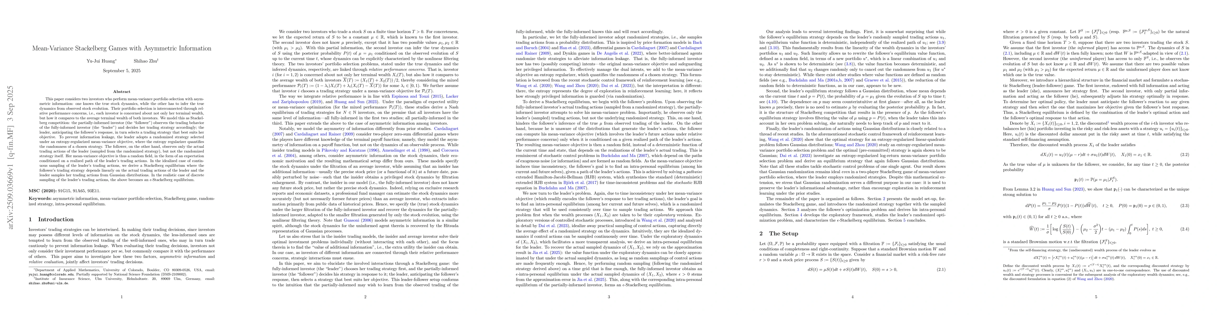 Thumbnail for Mean-Variance Stackelberg Games with Asymmetric Information