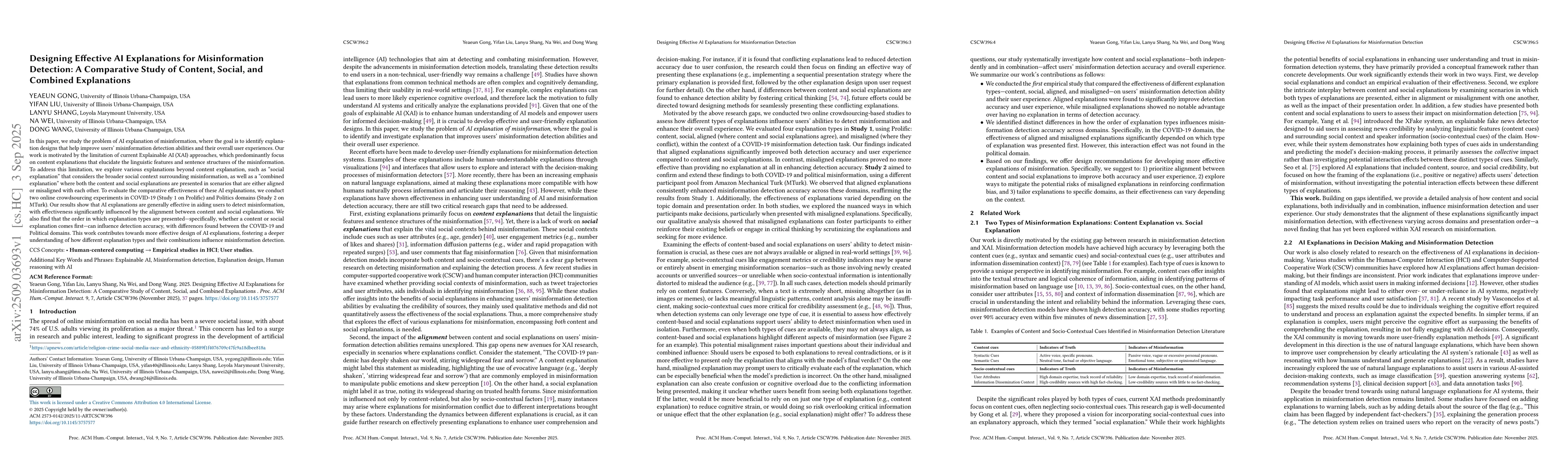 Thumbnail for Designing Effective AI Explanations for Misinformation Detection: A
  Comparative Study of Content, Social, and Combined Explanations