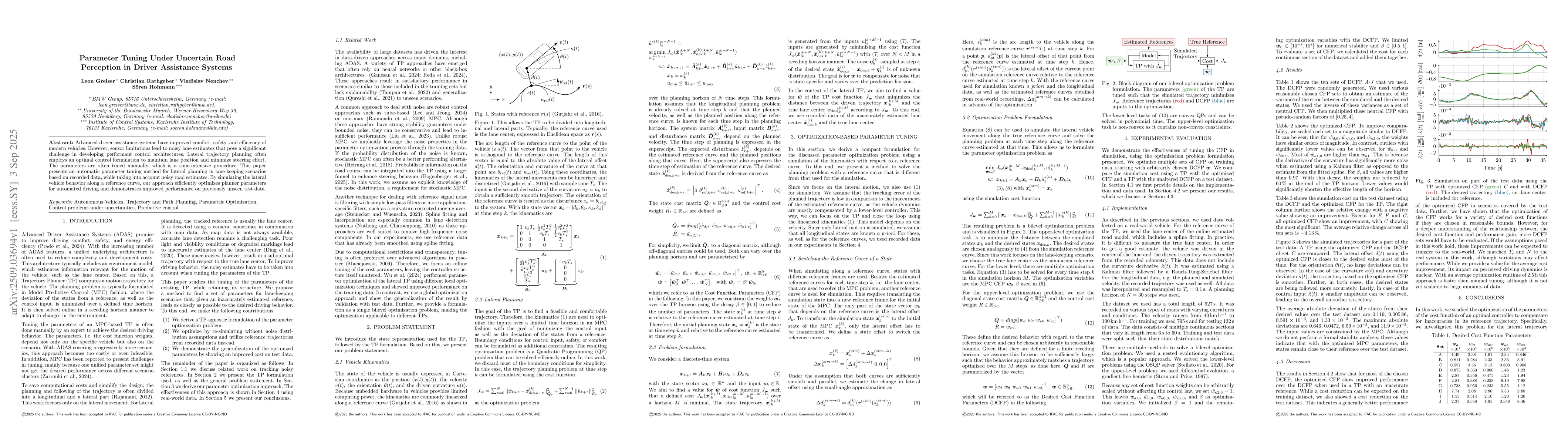 Thumbnail for Parameter Tuning Under Uncertain Road Perception in Driver Assistance
  Systems