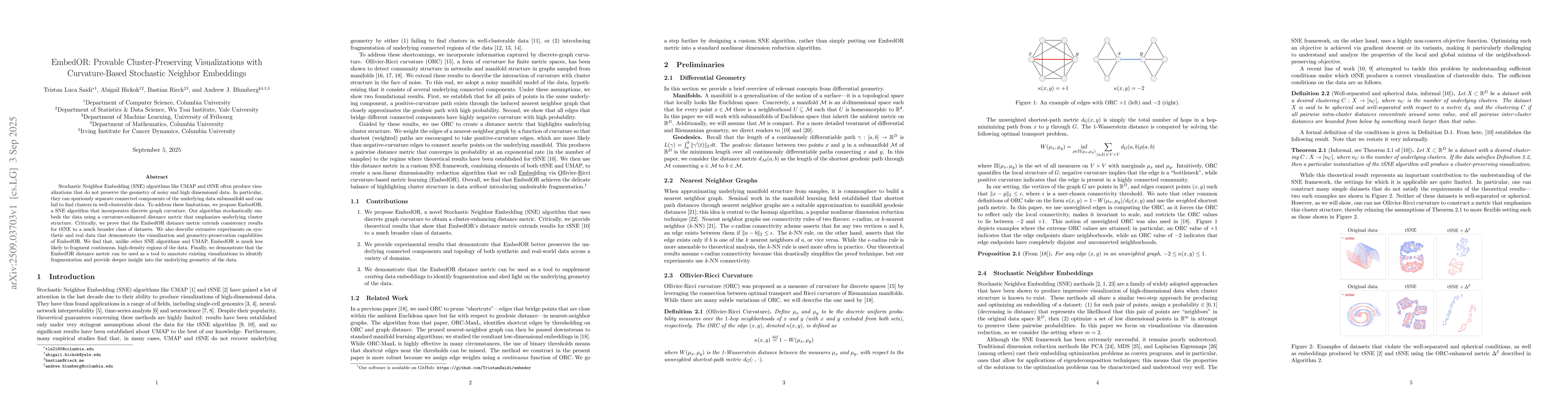Thumbnail for EmbedOR: Provable Cluster-Preserving Visualizations with Curvature-Based
  Stochastic Neighbor Embeddings