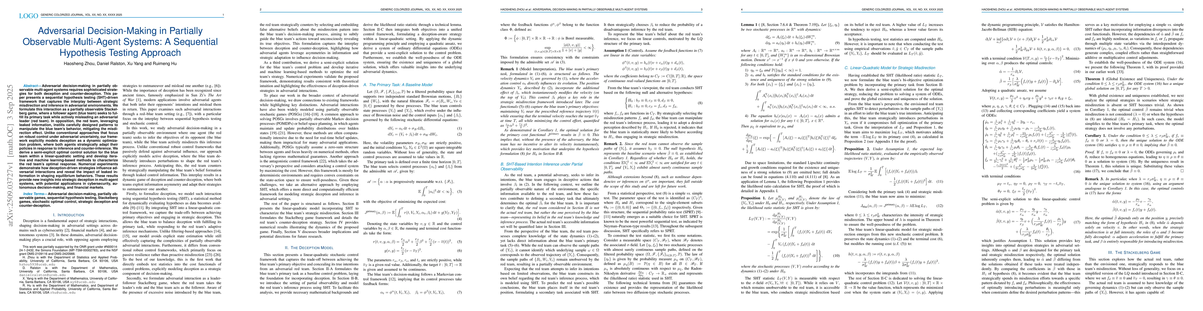 Thumbnail for Adversarial Decision-Making in Partially Observable Multi-Agent Systems:
  A Sequential Hypothesis Testing Approach