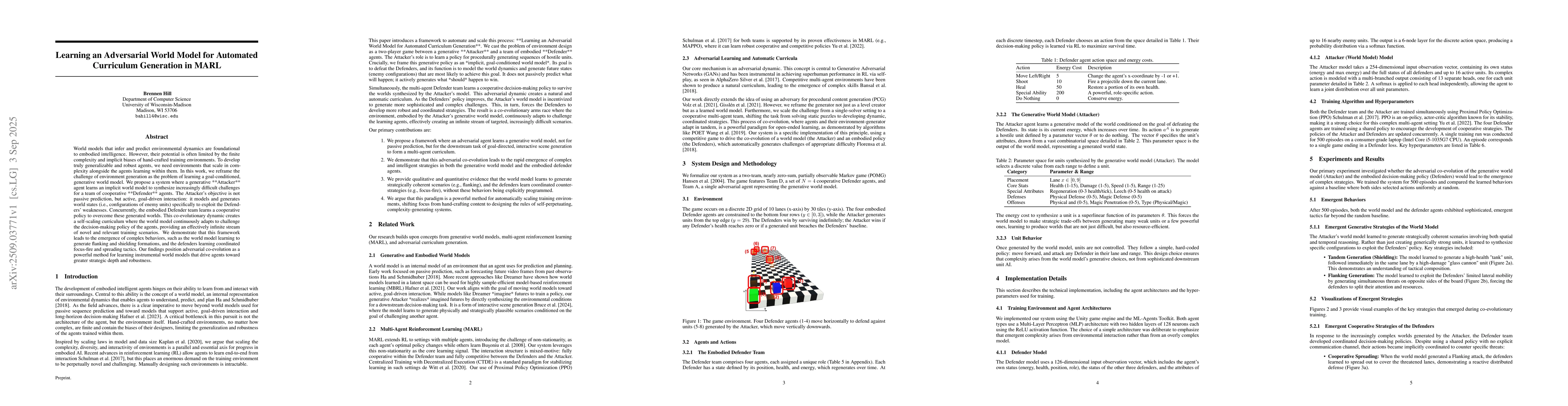 Thumbnail for Learning an Adversarial World Model for Automated Curriculum Generation
  in MARL