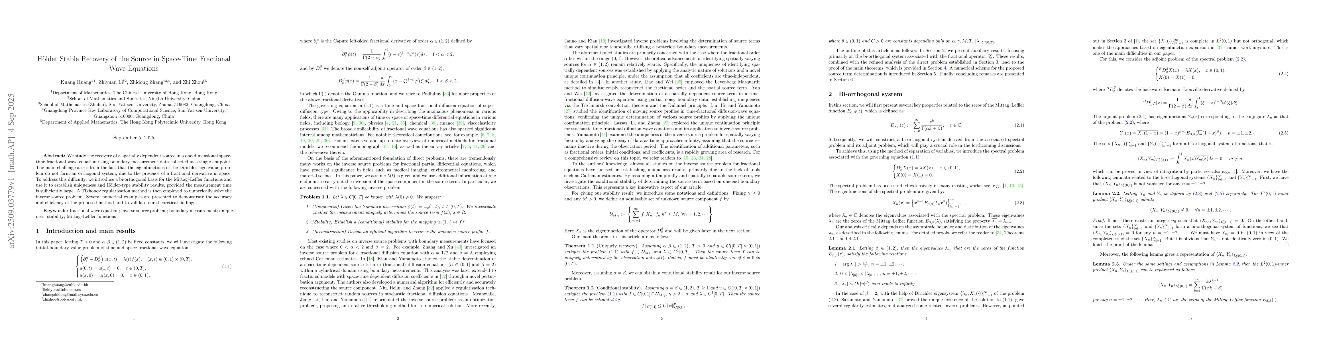 Thumbnail for Hölder Stable Recovery of the Source in Space-Time Fractional Wave
  Equations