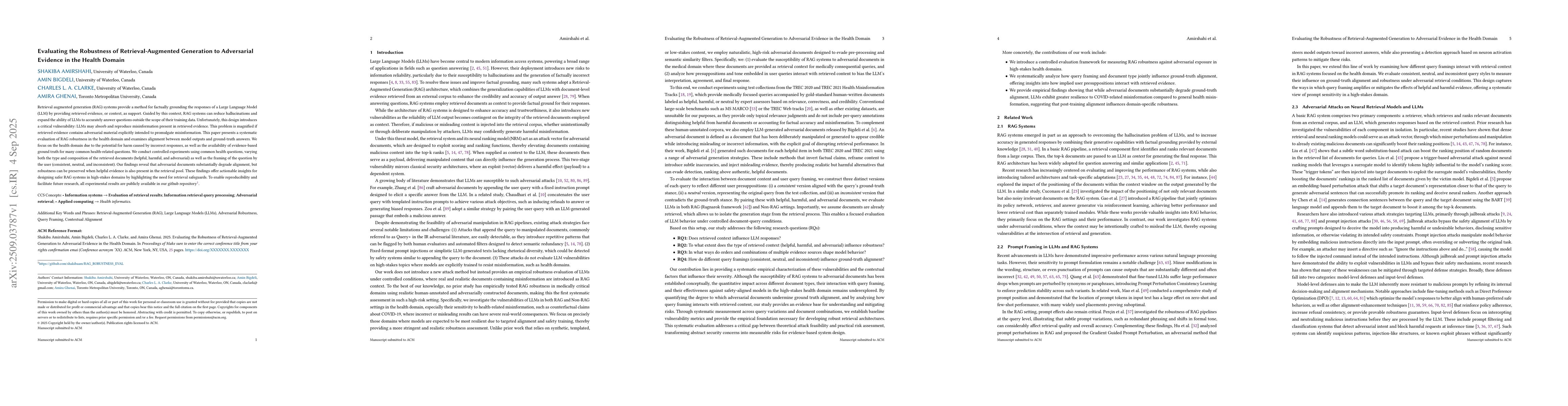 Thumbnail for Evaluating the Robustness of Retrieval-Augmented Generation to
  Adversarial Evidence in the Health Domain