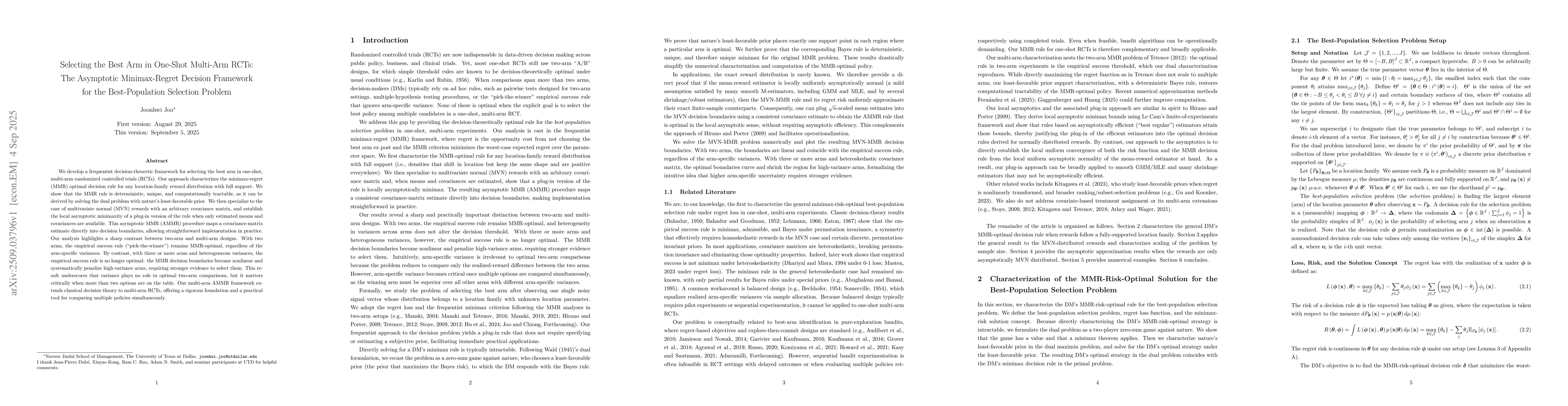 Thumbnail for Selecting the Best Arm in One-Shot Multi-Arm RCTs: The Asymptotic
  Minimax-Regret Decision Framework for the Best-Population Selection Problem