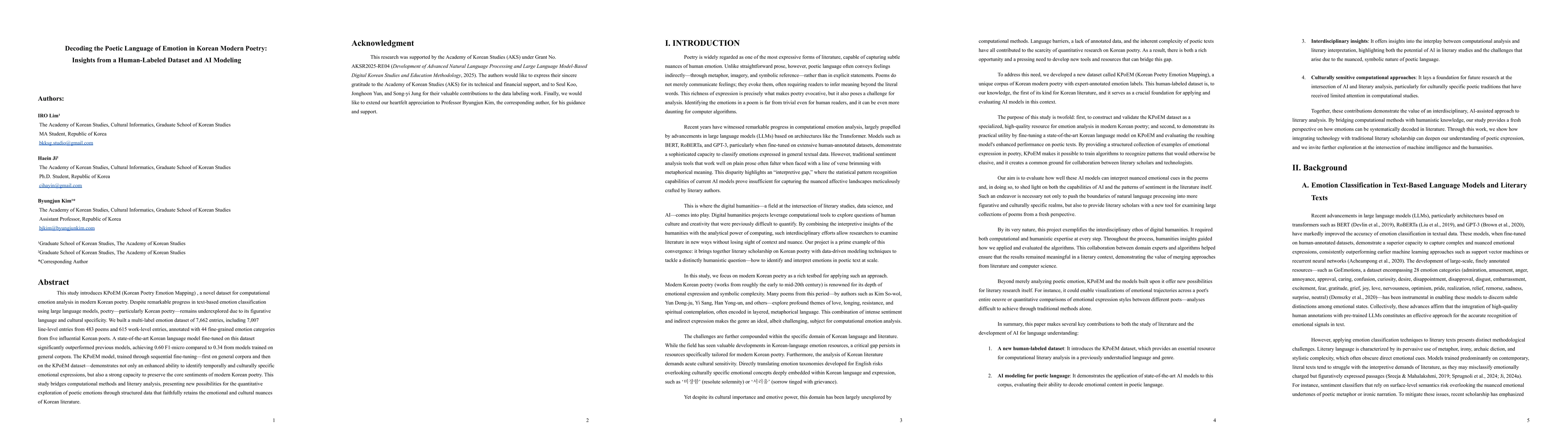 Thumbnail for Decoding the Poetic Language of Emotion in Korean Modern Poetry:
  Insights from a Human-Labeled Dataset and AI Modeling
