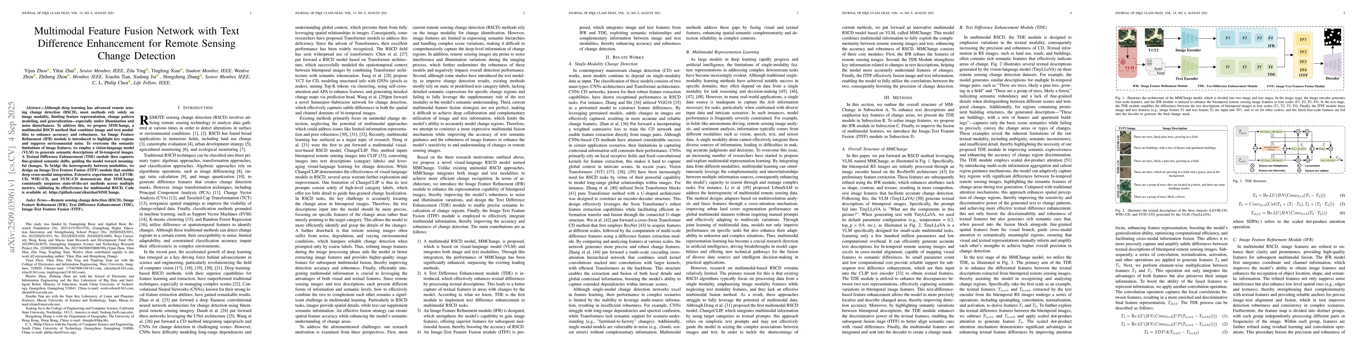 Thumbnail for Multimodal Feature Fusion Network with Text Difference Enhancement for
  Remote Sensing Change Detection