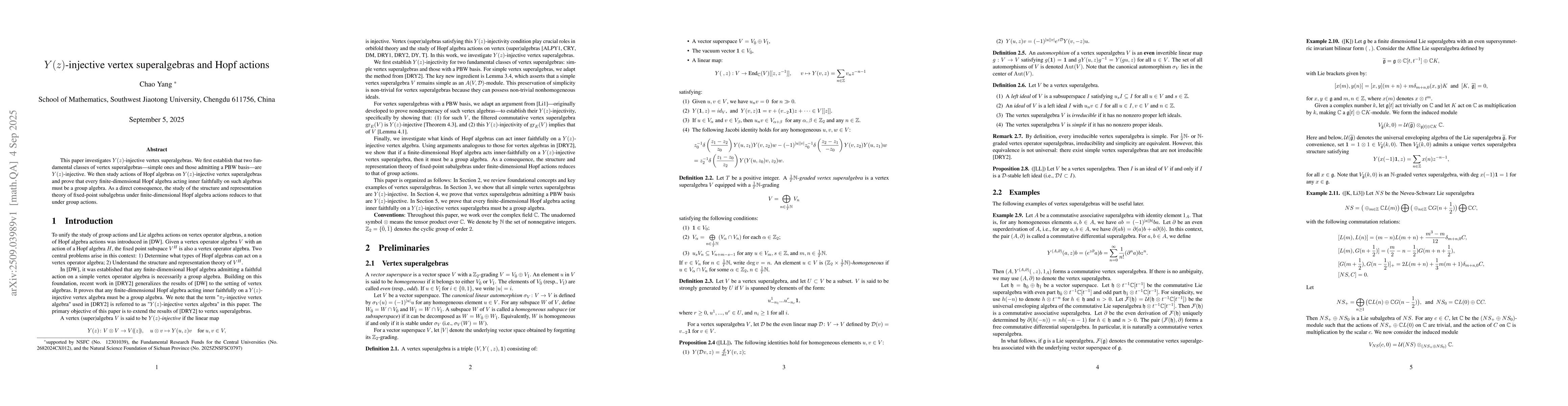 Thumbnail for Y(z)-injective vertex superalgebras and Hopf actions