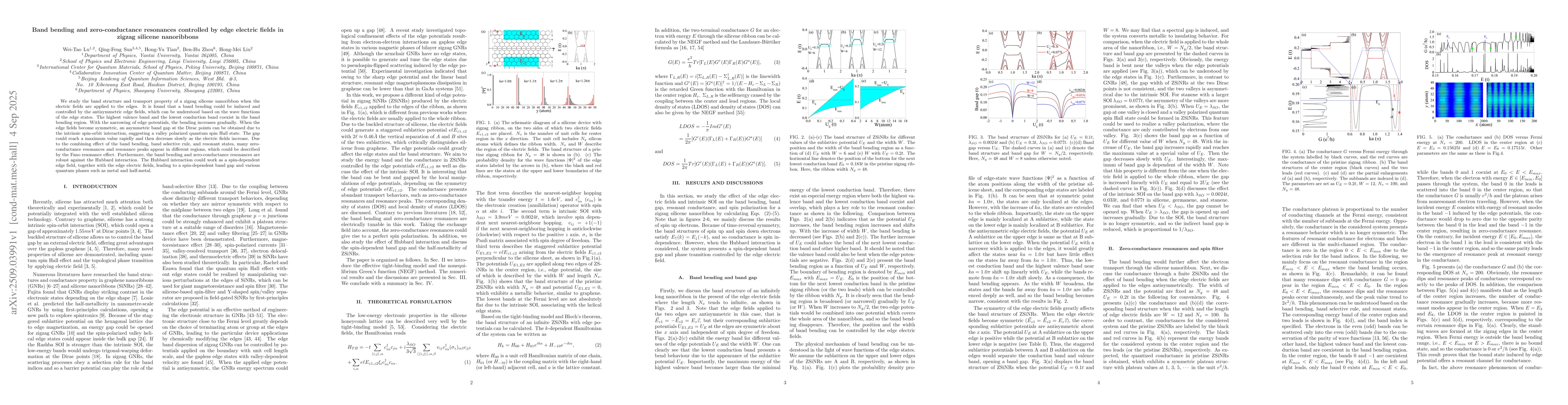 Thumbnail for Band bending and zero-conductance resonances controlled by edge electric
  fields in zigzag silicene nanoribbons