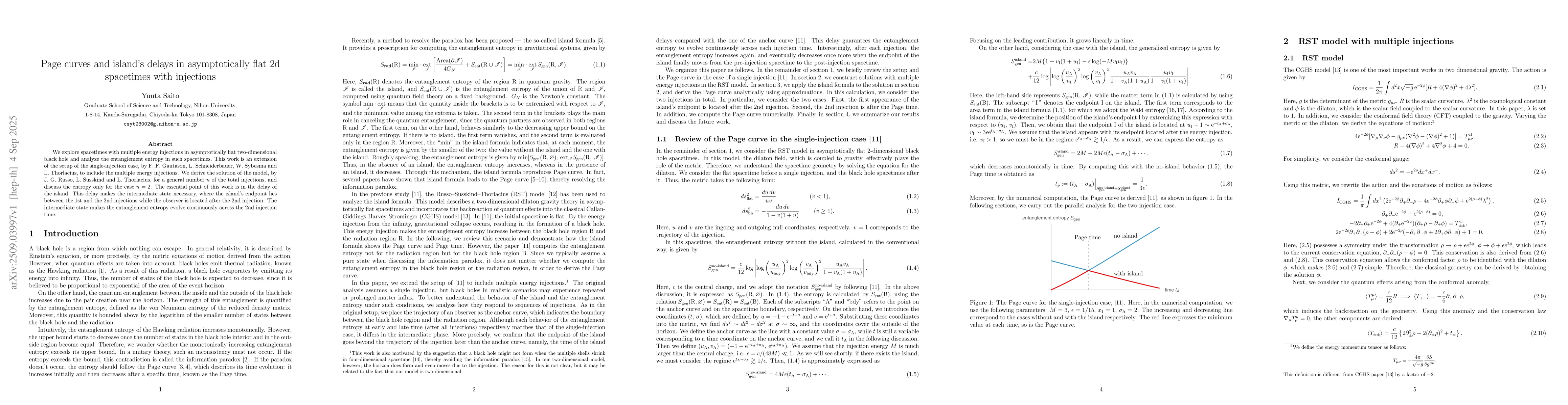 Thumbnail for Page curves and island's delays in asymptotically flat 2d spacetimes
  with injections