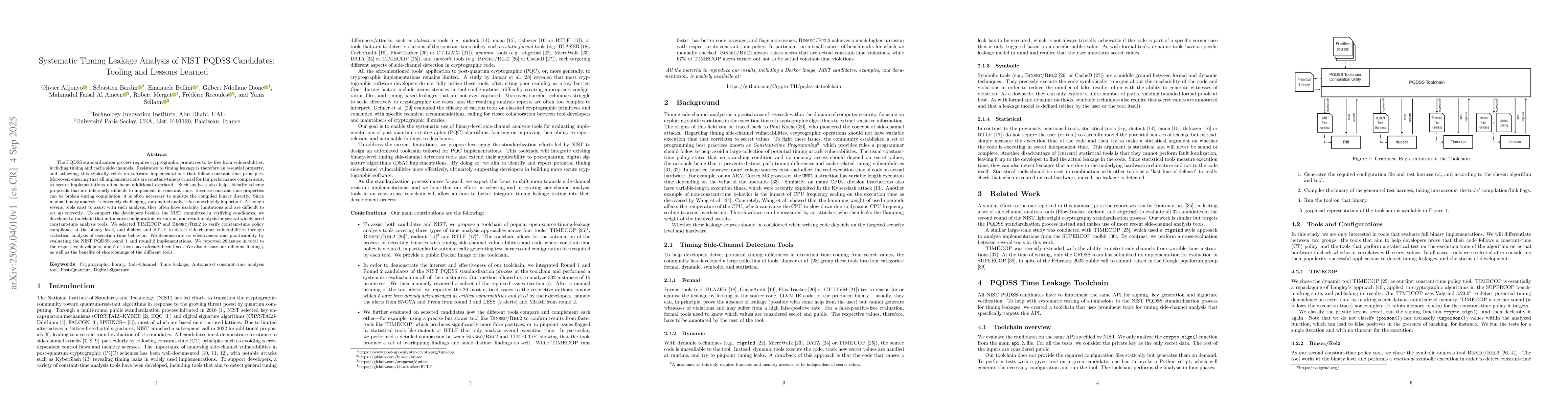 Thumbnail for Systematic Timing Leakage Analysis of NIST PQDSS Candidates: Tooling and
  Lessons Learned